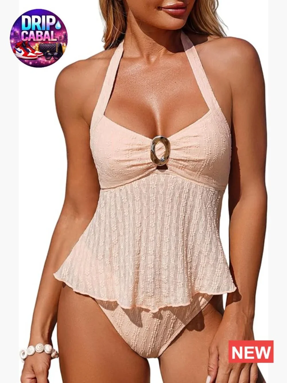 Halter Tankini Swimsuit with O-Ring Cutout Two Piece Tummy Control Bathing Suit